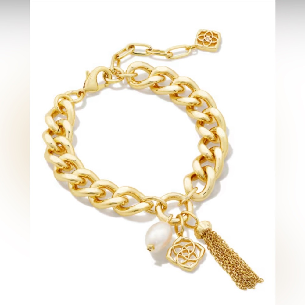 Kendra Scott Gold Chain Link Bracelet with Pearl & Tassel Charms